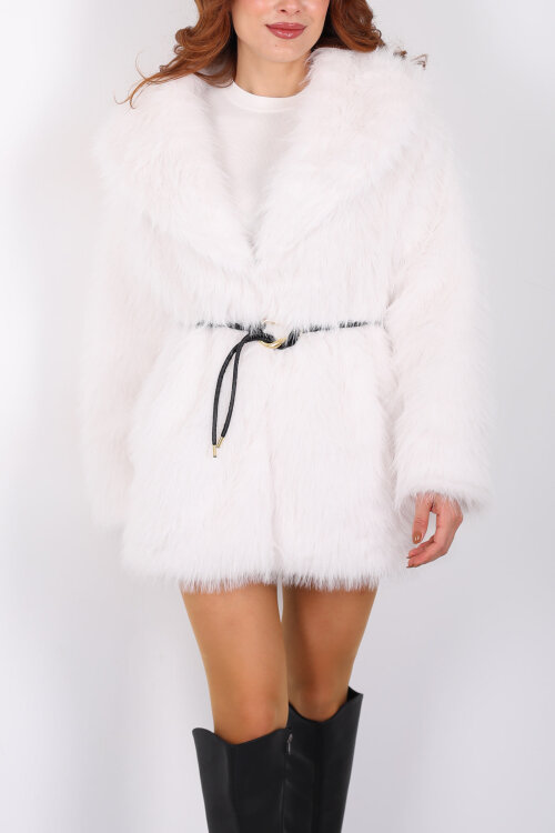 Uzun Kürklü Beyaz Kadın Kemerli Lolita Mont - Berox (1)