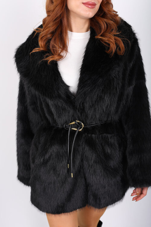 Uzun Kürklü Siyah Kadın Kemerli Lolita Mont - Berox (1)