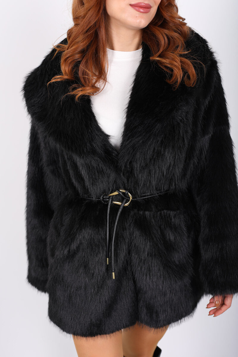 Uzun Kürklü Siyah Kadın Kemerli Lolita Mont - 2