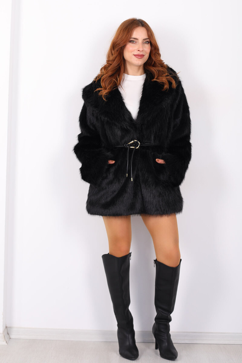Uzun Kürklü Siyah Kadın Kemerli Lolita Mont - 3