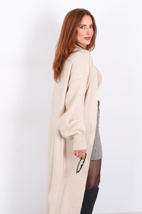Uzun Kuşaklı Bej Kadın Triko Hırka - Berox (1)