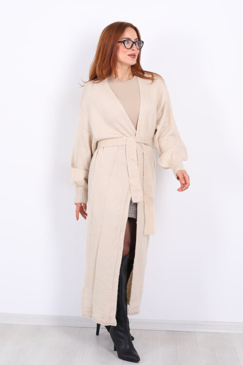 Uzun Kuşaklı Bej Kadın Triko Hırka - 3