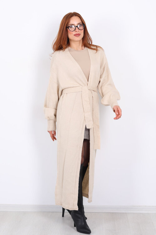 Uzun Kuşaklı Bej Kadın Triko Hırka - 5