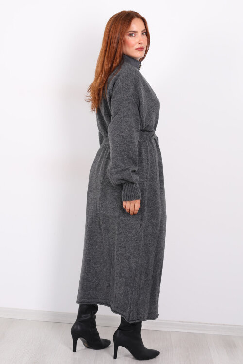 Uzun Kuşaklı Füme Kadın Triko Hırka - 6