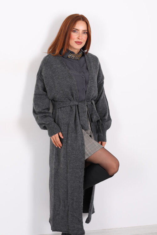 Uzun Kuşaklı Füme Kadın Triko Hırka - Berox