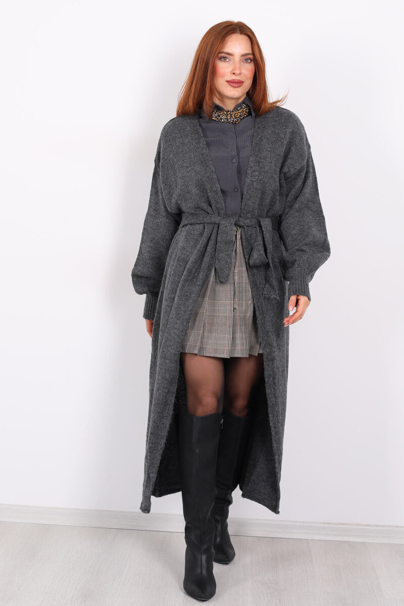 Uzun Kuşaklı Füme Kadın Triko Hırka - 3