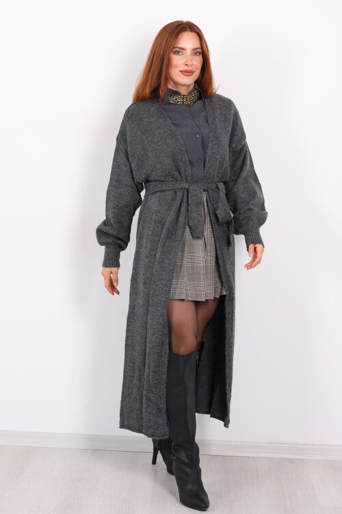 Uzun Kuşaklı Füme Kadın Triko Hırka - 7