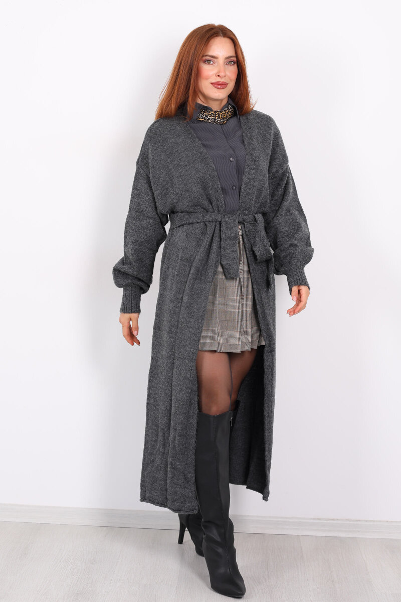 Uzun Kuşaklı Füme Kadın Triko Hırka - 7