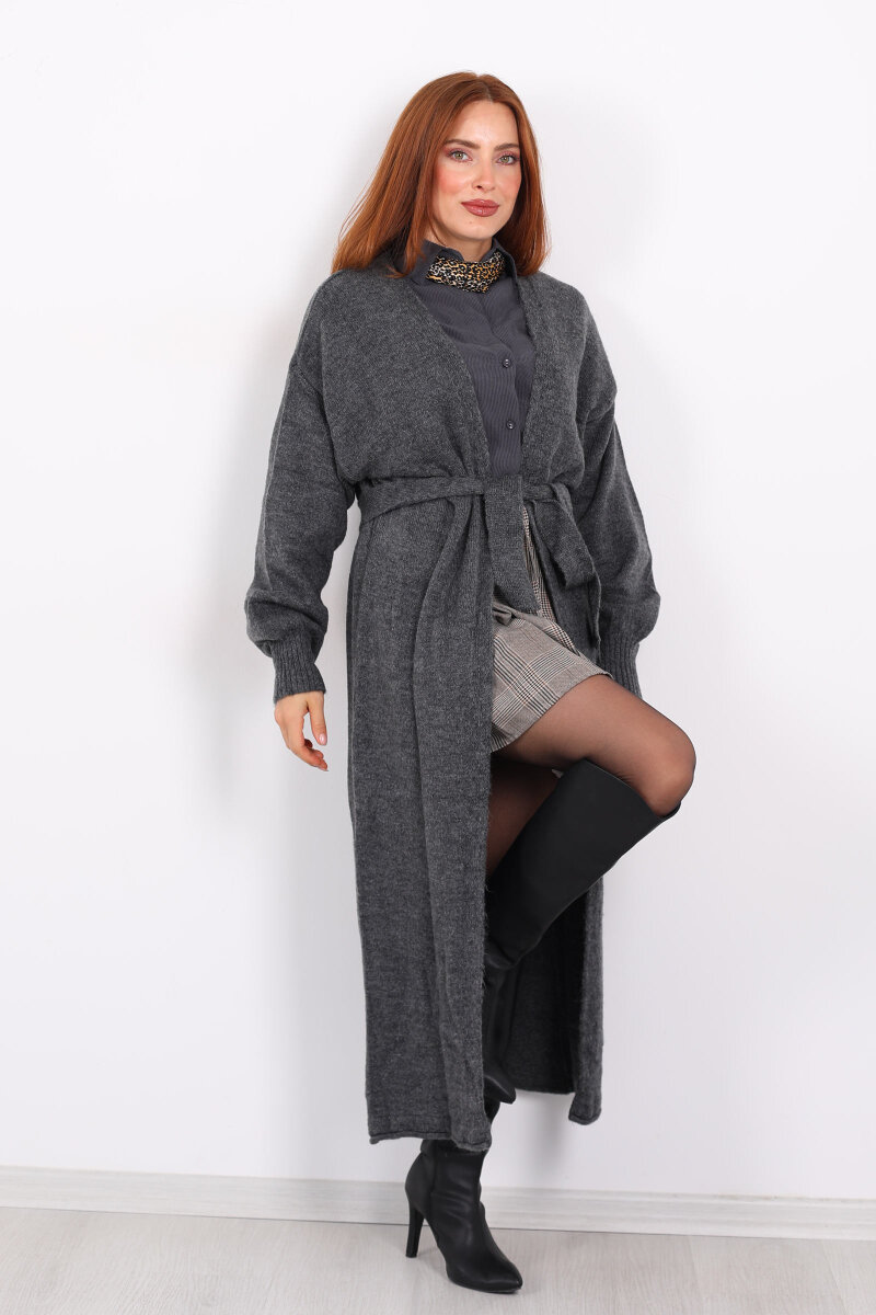 Uzun Kuşaklı Füme Kadın Triko Hırka - 5