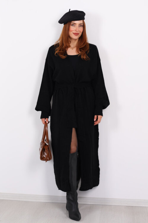 Uzun Kuşaklı Siyah Kadın Triko Hırka - 6