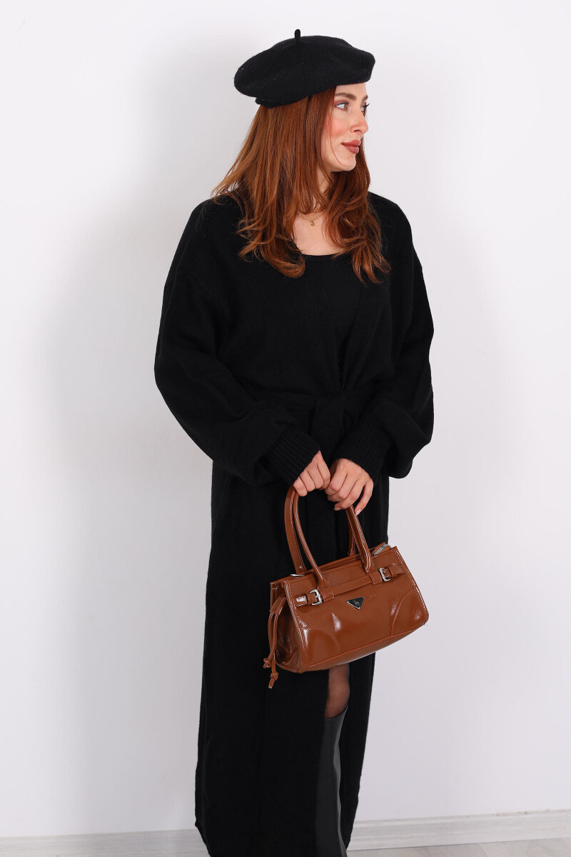 Uzun Kuşaklı Siyah Kadın Triko Hırka - 5