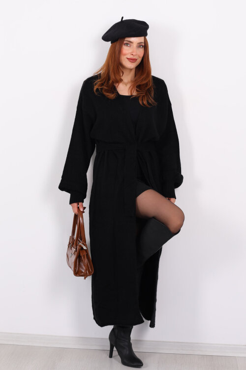 Uzun Kuşaklı Siyah Kadın Triko Hırka - Berox