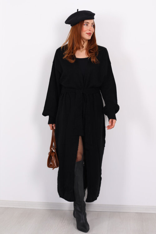 Uzun Kuşaklı Siyah Kadın Triko Hırka - 4