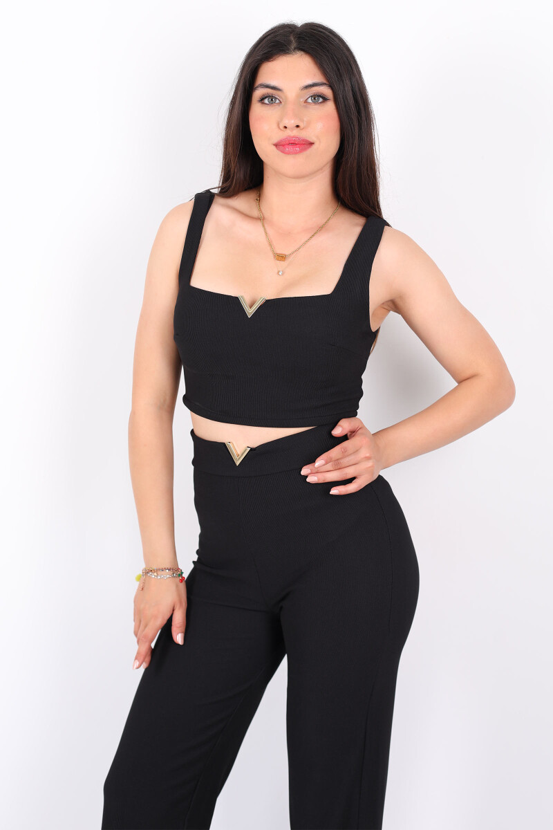 V Aksesuarlı Kare Yaka Siyah Kadın Ottoman Crop-Pantolon Takım - 3