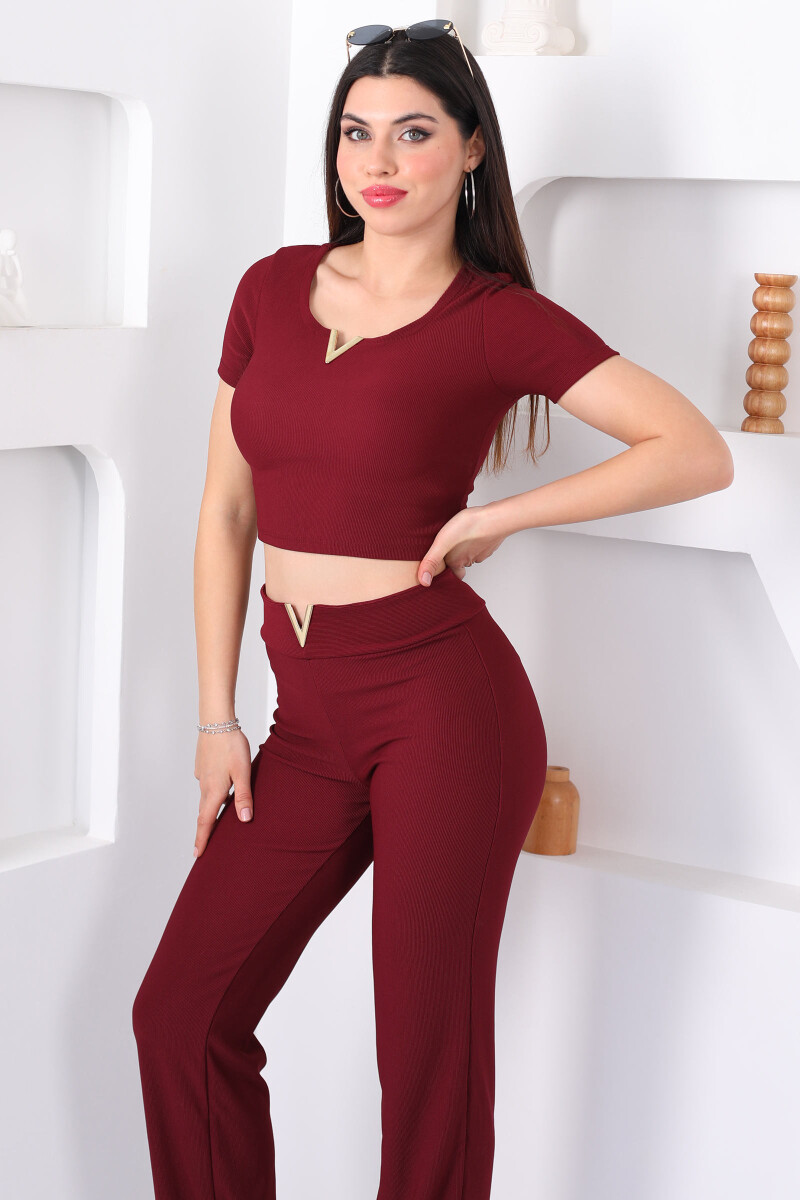 V Aksesuarlı Ottoman Bordo Kadın Takım - 5