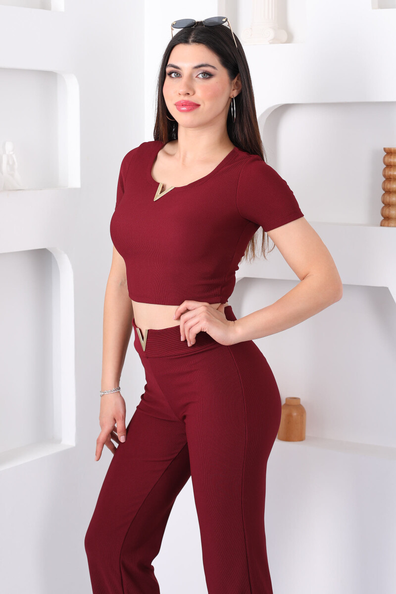 V Aksesuarlı Ottoman Bordo Kadın Takım - 3