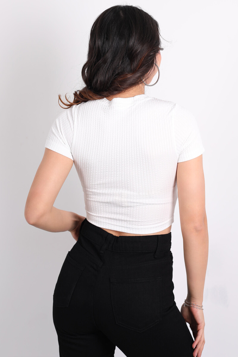 V Yaka Armalı Beyaz Kadın Gofre Crop - 4
