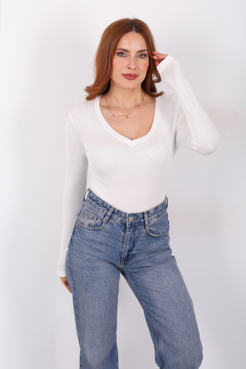 V Yaka Beyaz Kadın Basic Bluz - Berox