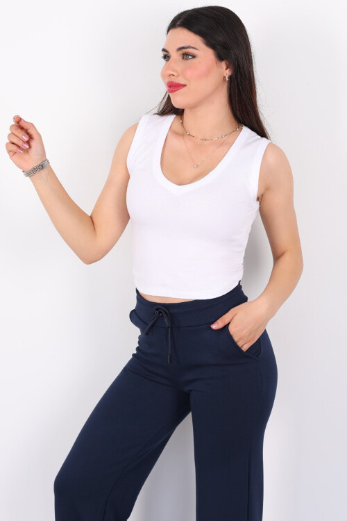 V Yaka Kolsuz Beyaz Kadın Body - 4