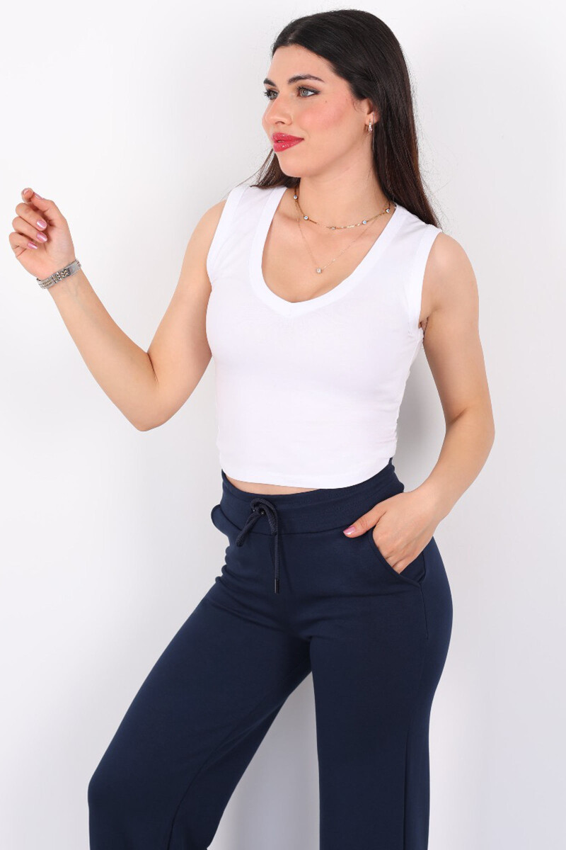 V Yaka Kolsuz Beyaz Kadın Body - 4