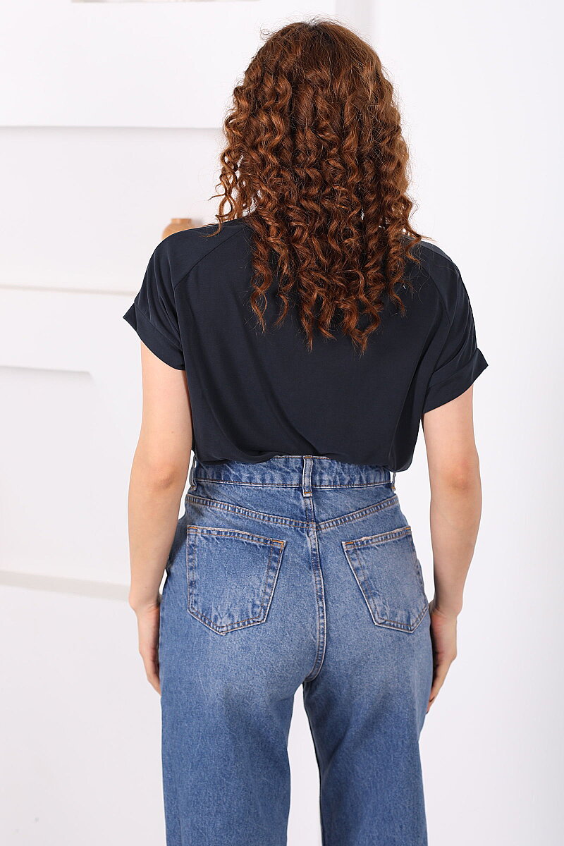 V Yaka Dantelli Kısa Kol Füme Kadın Bluz - 4