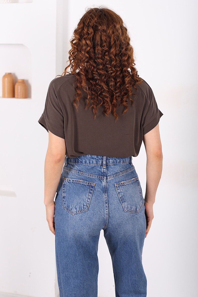 V Yaka Dantelli Kısa Kol Kahverengi Kadın Bluz - 4