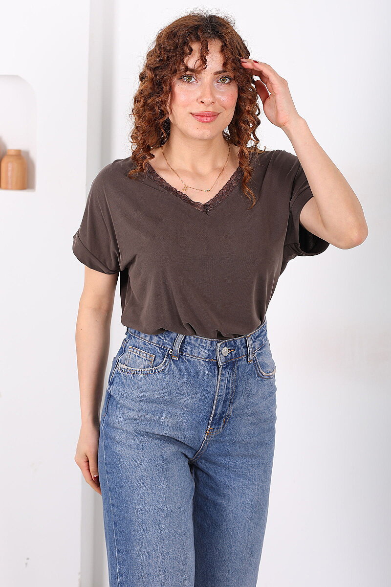 V Yaka Dantelli Kısa Kol Kahverengi Kadın Bluz - 3