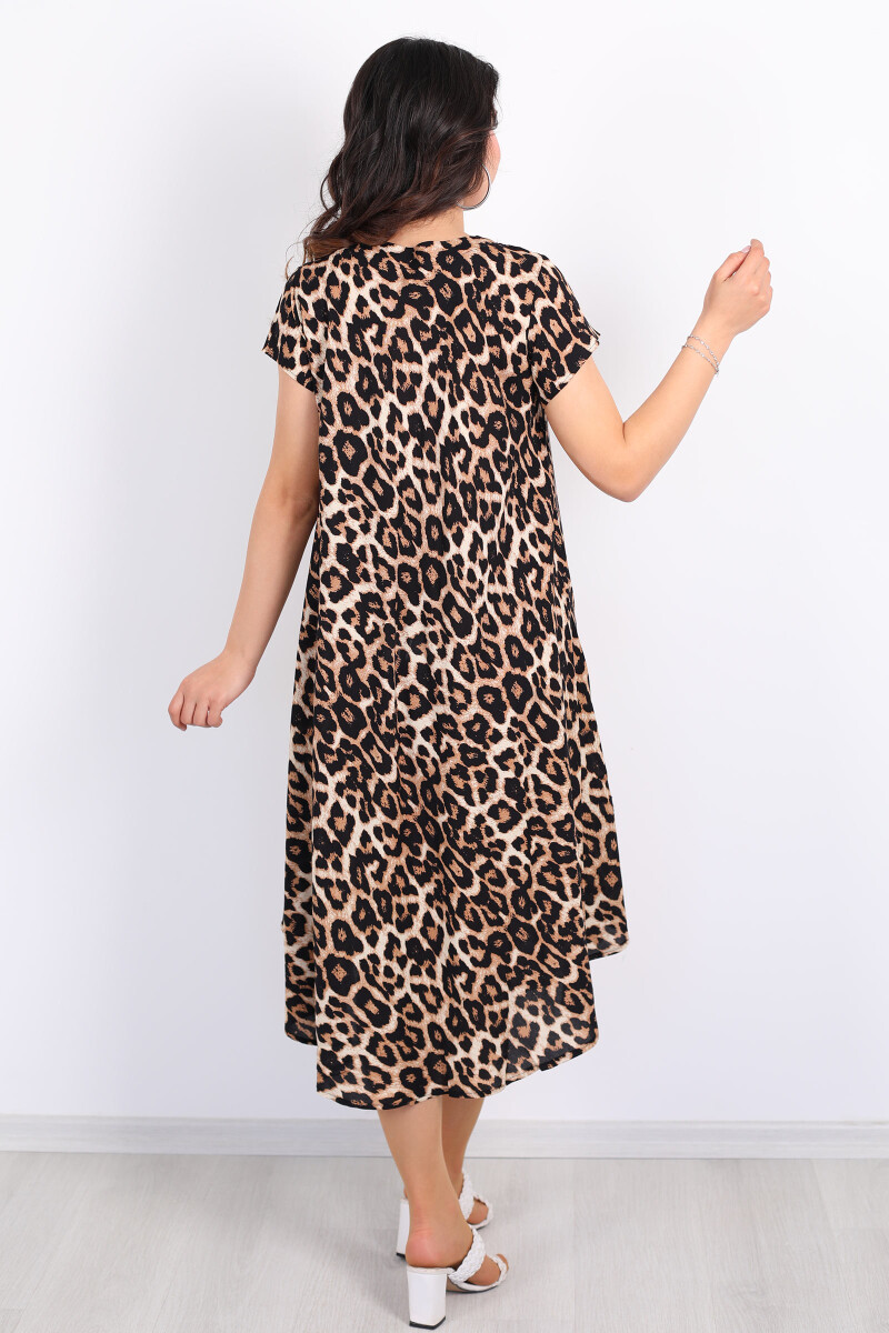 V Yaka Desenli Salaş Maxi Leopar Kadın Elbise - 6