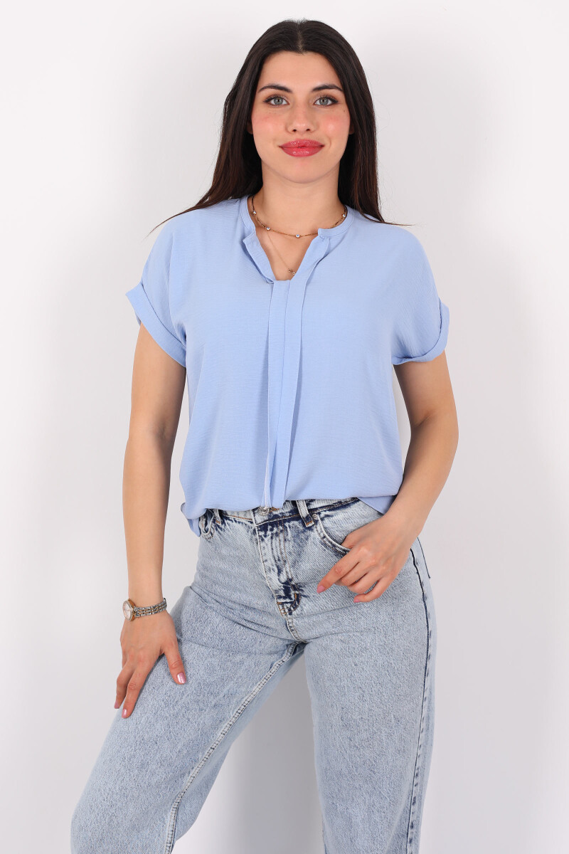 V Yaka Duble Kol Ayrobin Bebe Mavisi Kadın Bluz - 4