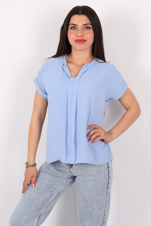 V Yaka Duble Kol Ayrobin Bebe Mavisi Kadın Bluz - 3