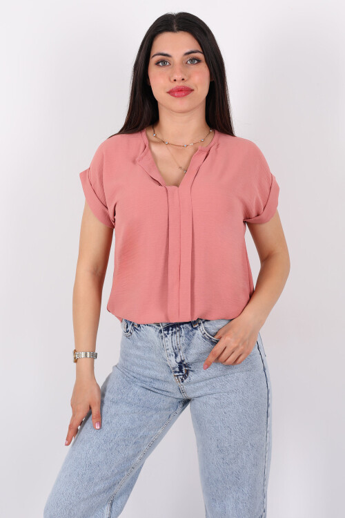 V Yaka Duble Kol Ayrobin Gül Kurusu Kadın Bluz - 3
