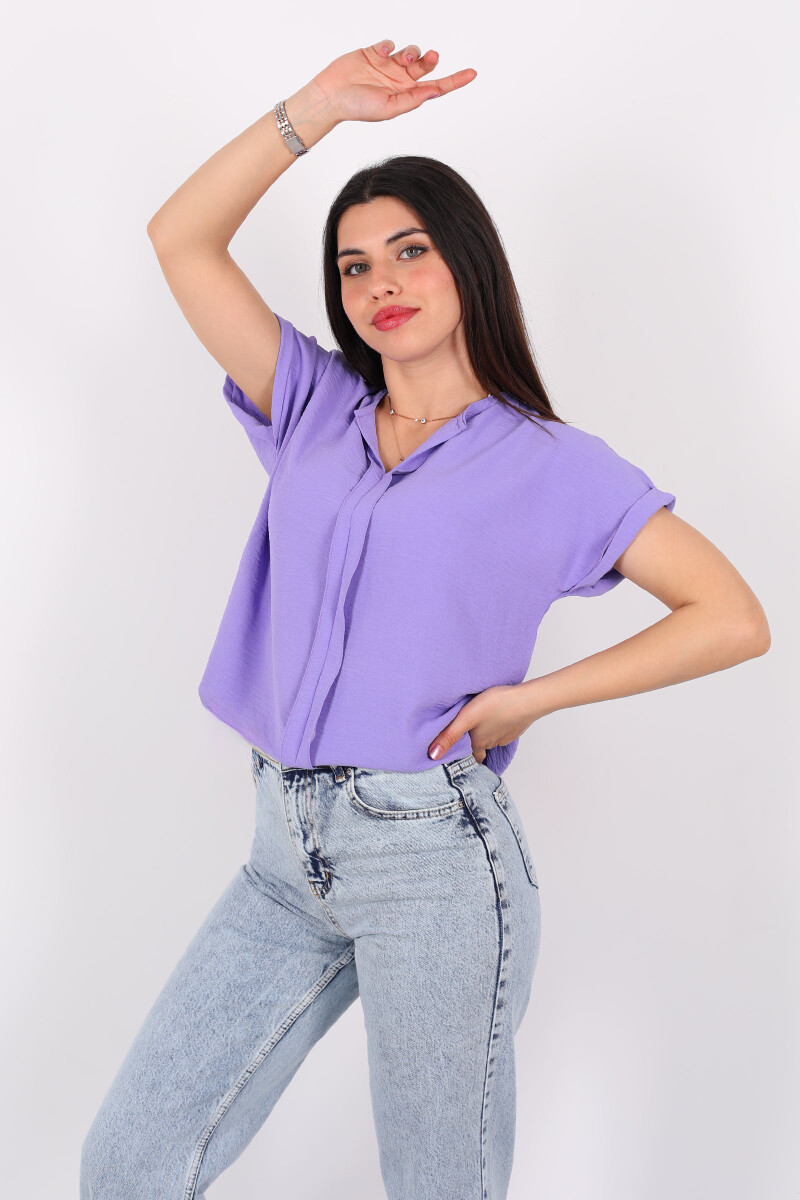 V Yaka Duble Kol Ayrobin Lila Kadın Bluz - 4
