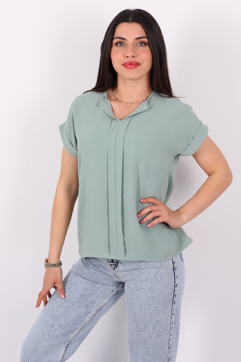 V Yaka Duble Kol Ayrobin Mint Yeşili Kadın Bluz - 3