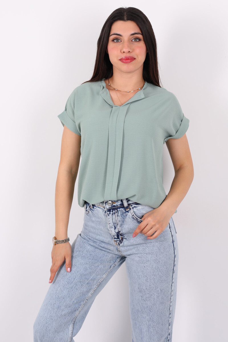 V Yaka Duble Kol Ayrobin Mint Yeşili Kadın Bluz - 4