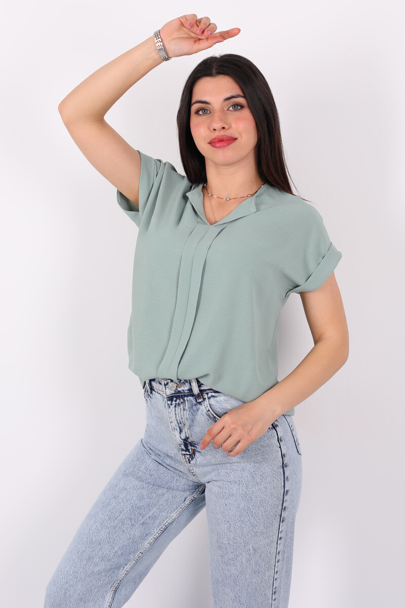V Yaka Duble Kol Ayrobin Mint Yeşili Kadın Bluz - 1