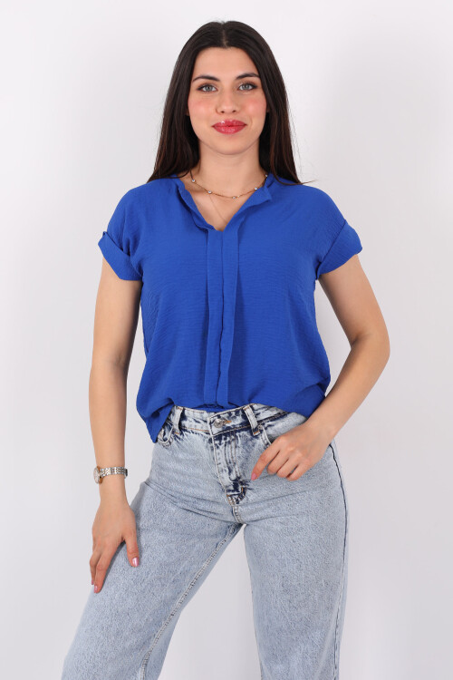 V Yaka Duble Kol Ayrobin Saks Mavisi Kadın Bluz - 4