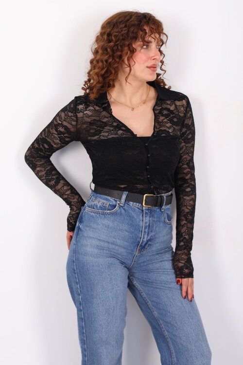 V Yaka Düğmeli Siyah Kadın Dantel Gömlek - 3