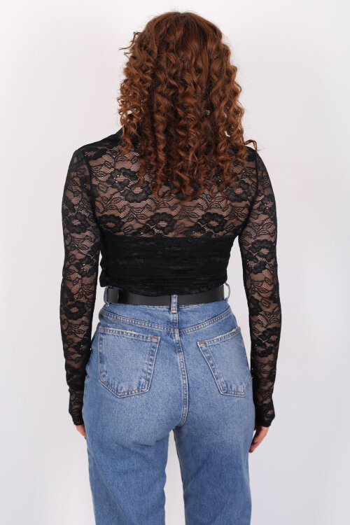 V Yaka Düğmeli Siyah Kadın Dantel Gömlek - 5