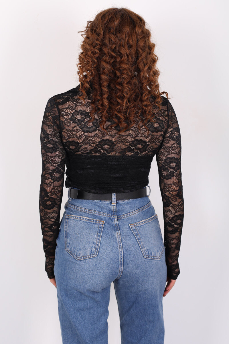 V Yaka Düğmeli Siyah Kadın Dantel Gömlek - 5