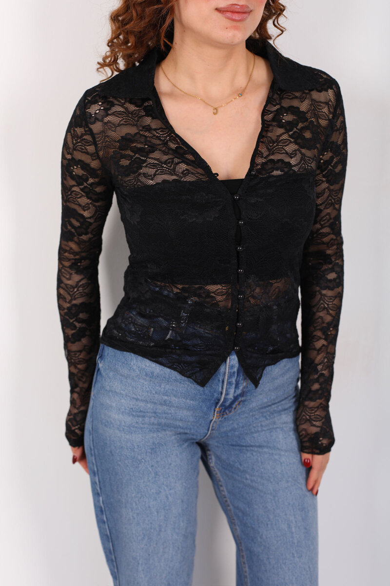 V Yaka Düğmeli Siyah Kadın Dantel Gömlek - 2