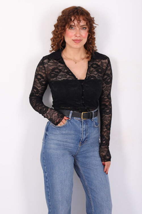 V Yaka Düğmeli Siyah Kadın Dantel Gömlek - 4