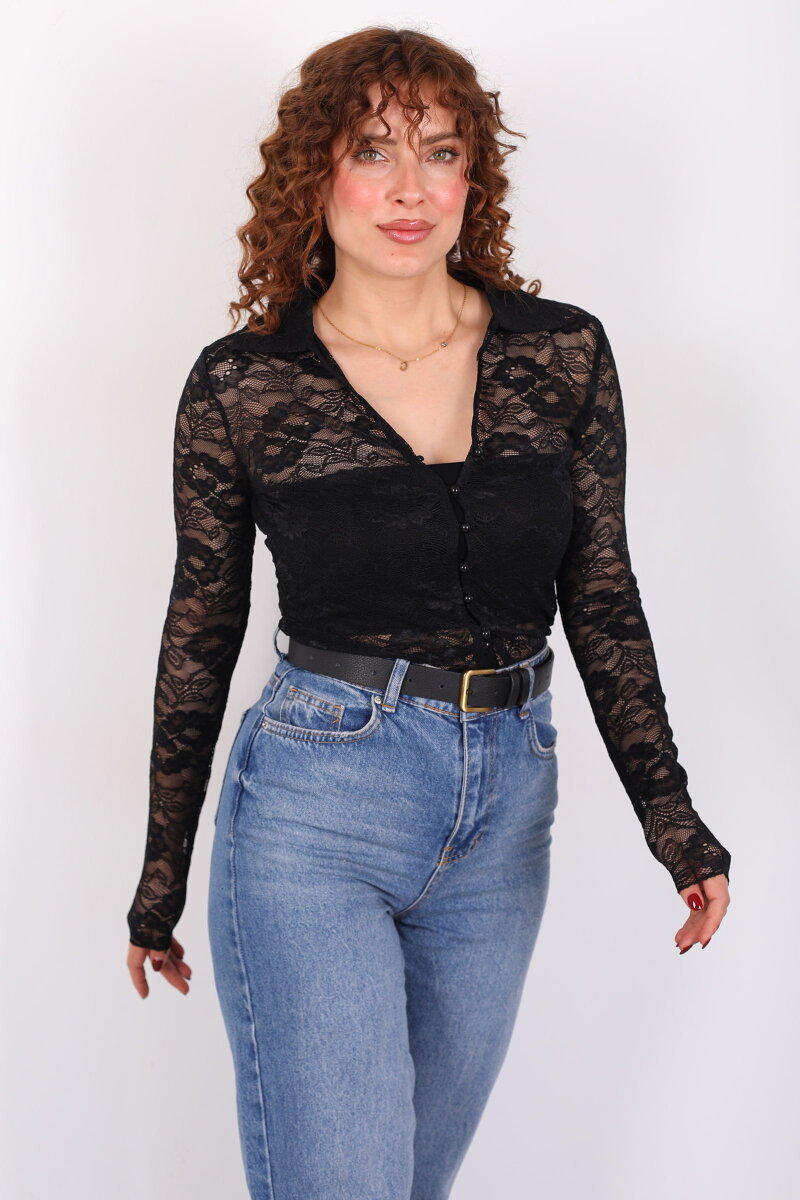 V Yaka Düğmeli Siyah Kadın Dantel Gömlek - 6