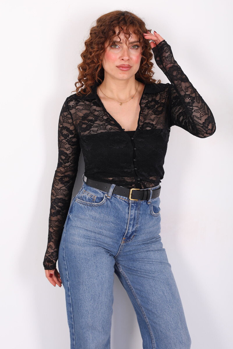V Yaka Düğmeli Siyah Kadın Dantel Gömlek - 1