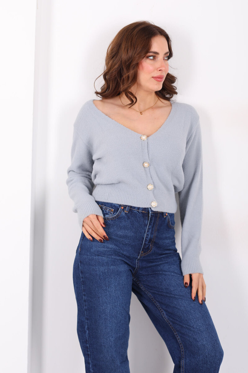 V Yaka Düğmeli Yumoş Gri Kadın Triko Hırka - 1