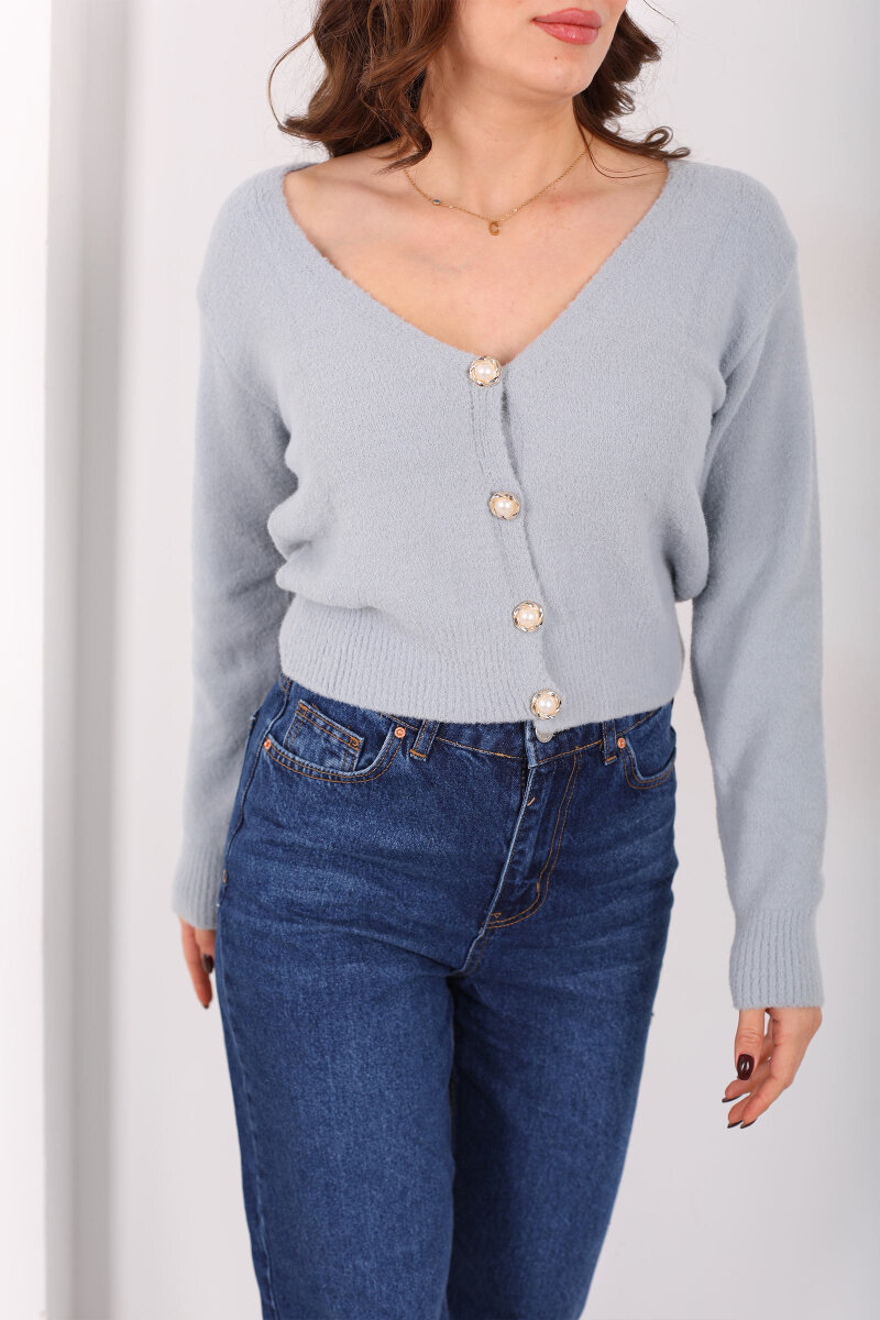 V Yaka Düğmeli Yumoş Gri Kadın Triko Hırka - 2