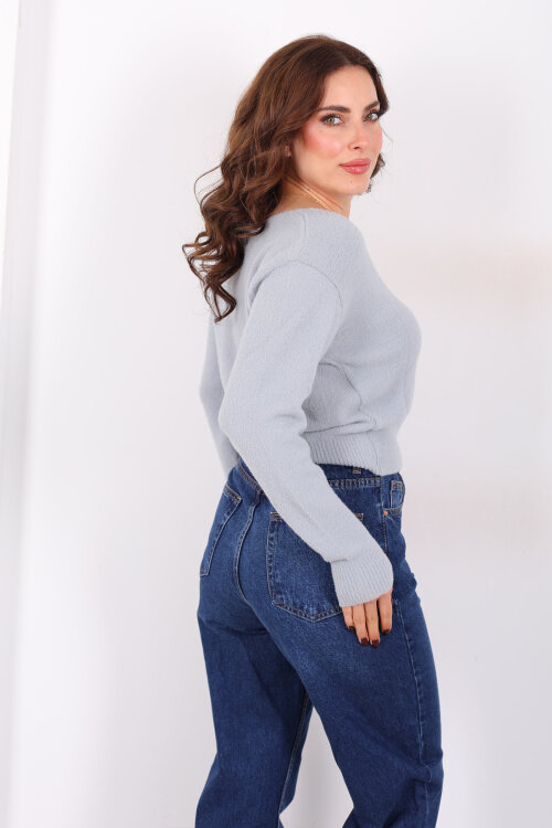 V Yaka Düğmeli Yumoş Gri Kadın Triko Hırka - 4