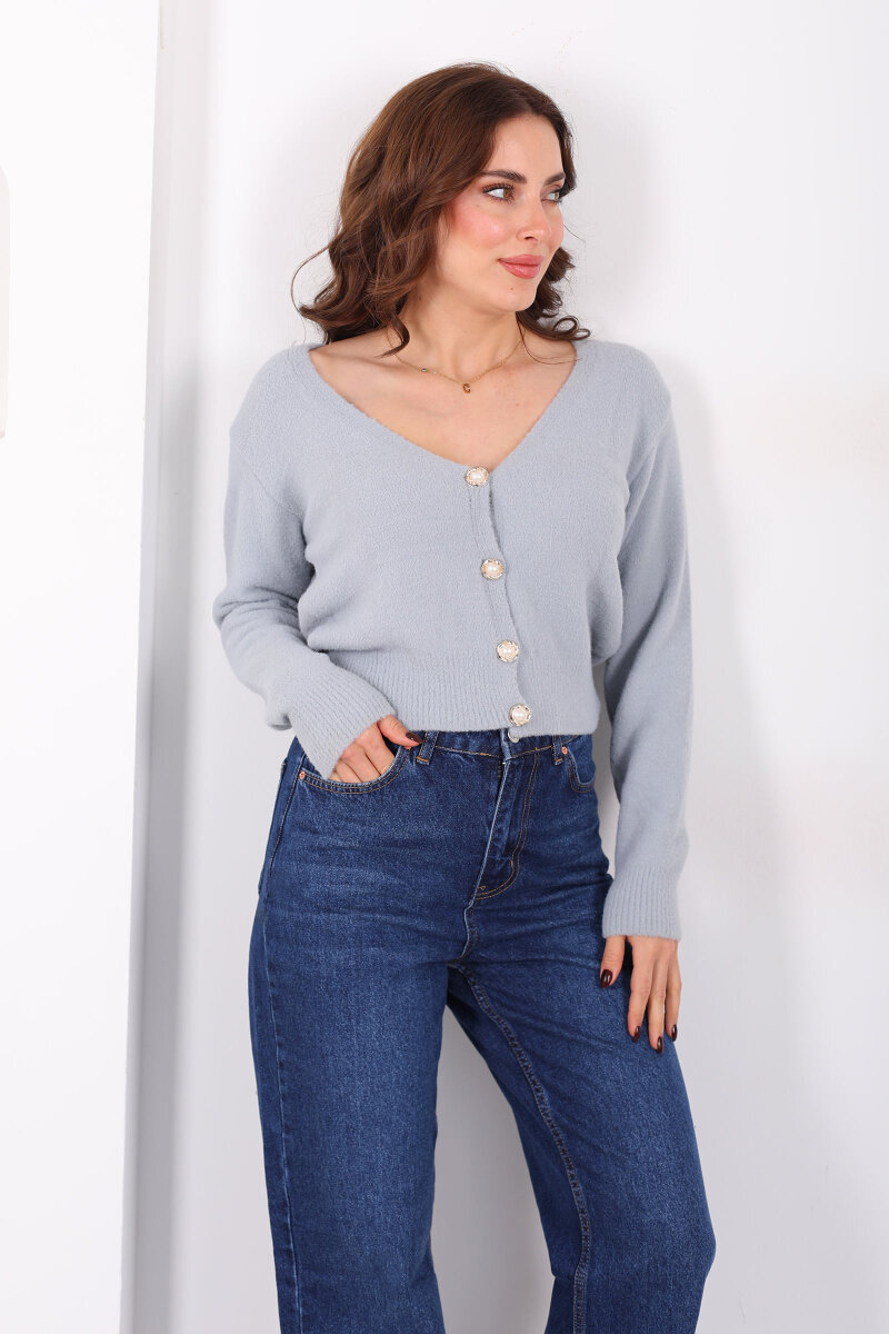 V Yaka Düğmeli Yumoş Gri Kadın Triko Hırka - 5