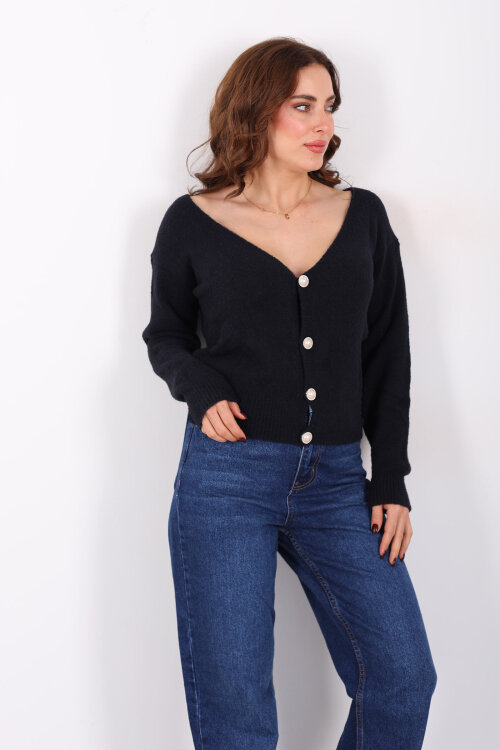 V Yaka Düğmeli Yumoş Siyah Kadın Triko Hırka - 4