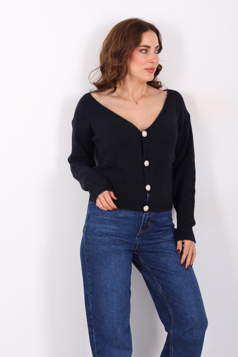 V Yaka Düğmeli Yumoş Siyah Kadın Triko Hırka - 4