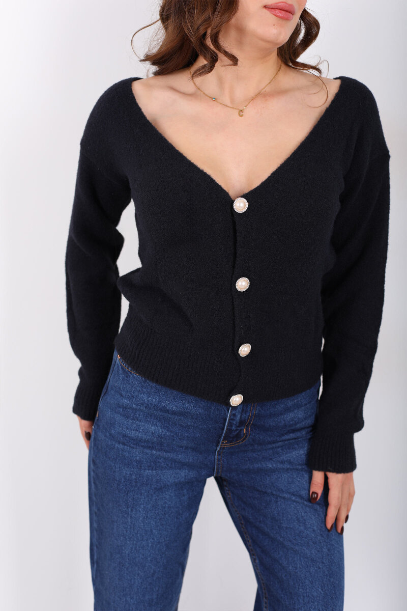 V Yaka Düğmeli Yumoş Siyah Kadın Triko Hırka - 2